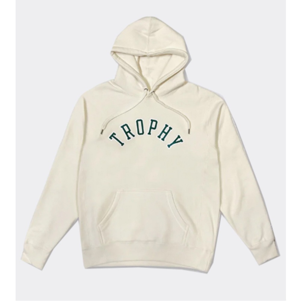TROPHY HUNTING | Original Varsity Hoodie in Cream/Green Lettering, Size Medium